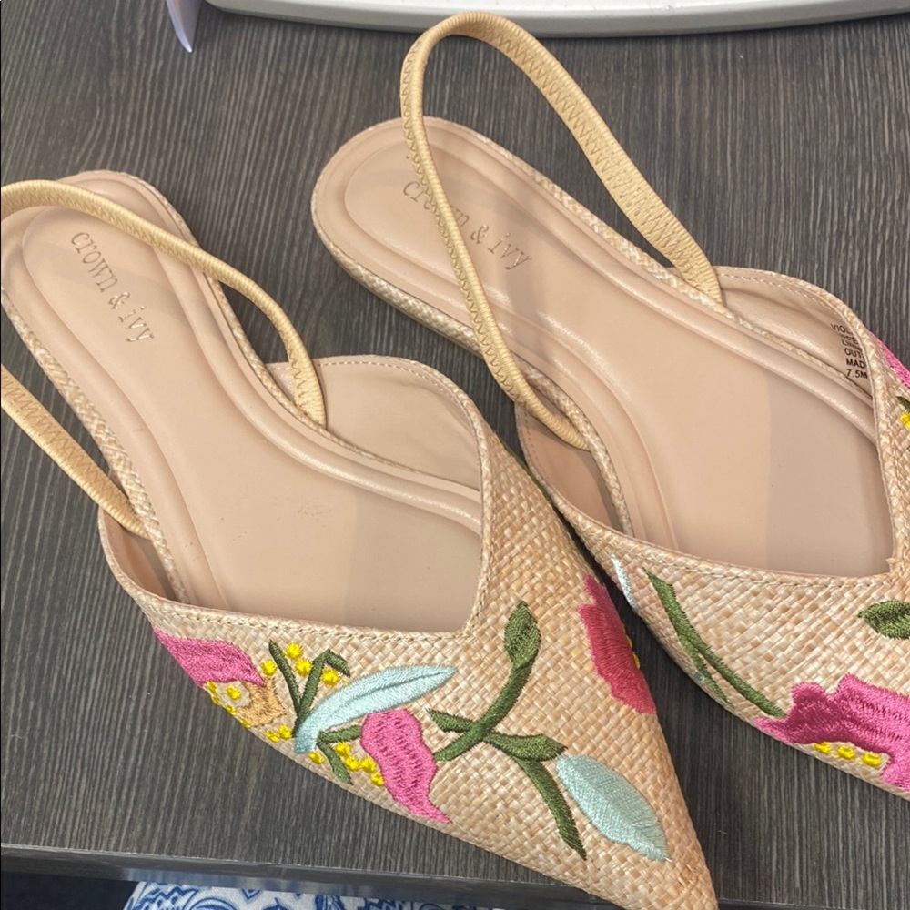 Like New -Crown & Ivy Beige Embroidered Slingback Pointed-Toe Flats